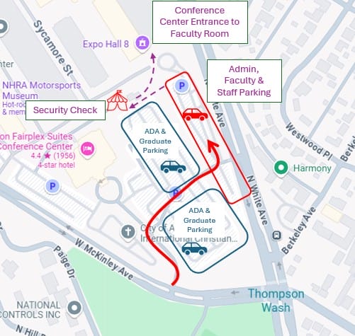 parking-map An ariel map of the Fairplex parking indicating faculty should enter at the Sheraton lot and proceed to the lot nearest White Street.